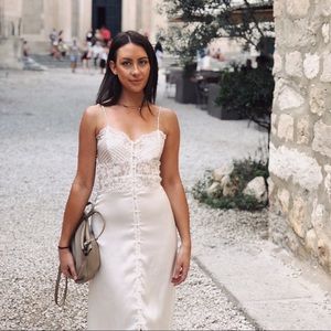 Long white silk dress with lace detailing